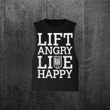 "LIFT ANGRY LIVE HAPPY" Women's Custom Cut Crop Muscle Tee
