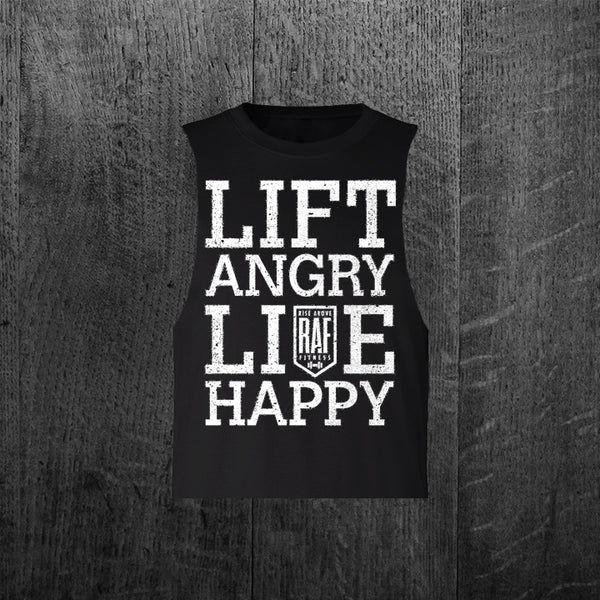 "LIFT ANGRY LIVE HAPPY" Women's Custom Cut Crop Muscle Tee
